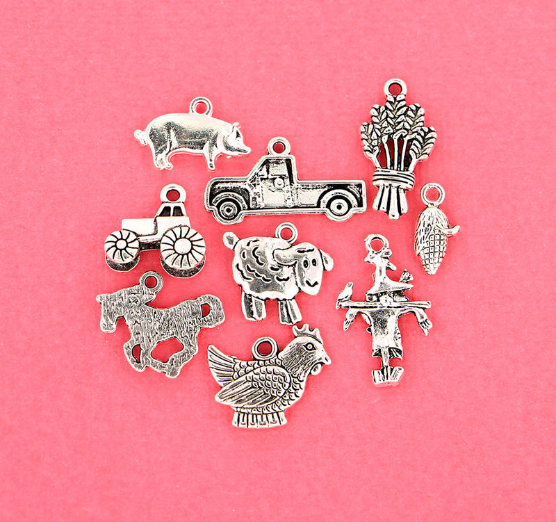 Farm Charm Collection Antique Silver Tone 9 Different Charms - COL135