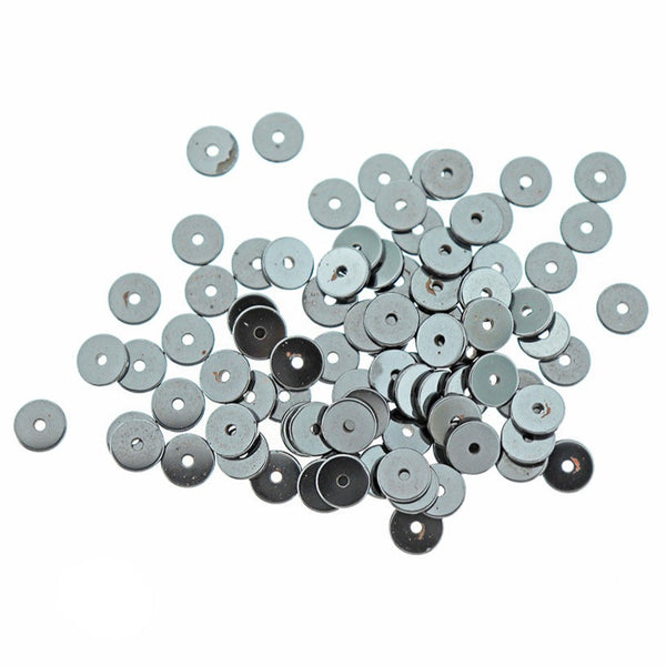 Flat Round Natural Hematite Beads 6mm - Black - 100 Beads - BD1886