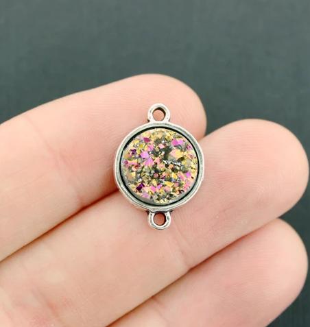 5 Druzy Connector Antique Silver Tone and Resin Cabochon Charms - Z582