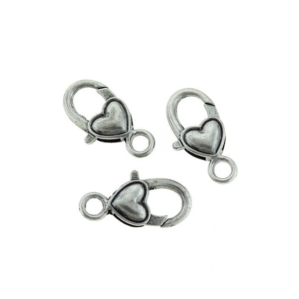 Antique Silver Tone Heart Lobster Clasps 27mm x 13.5mm - 5 Clasps - FF259