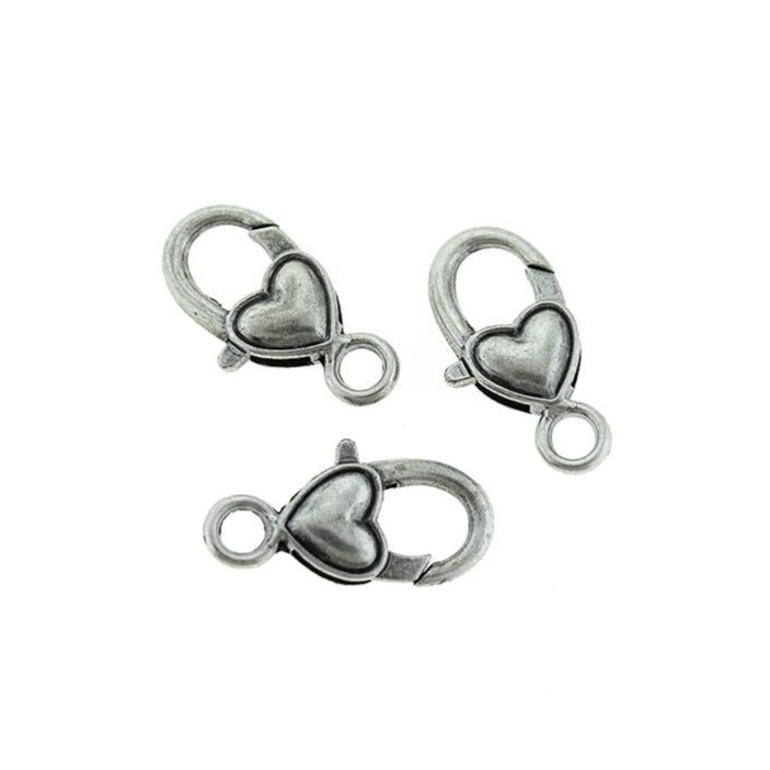 Antique Silver Tone Heart Lobster Clasps 27mm x 13.5mm - 5 Clasps - FF259