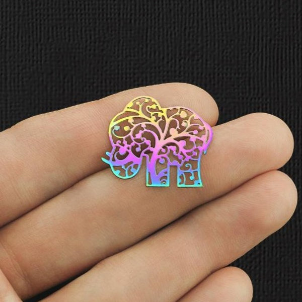 2 Filigree Elephant Rainbow Electroplated Stainless Steel Charms 2 Sided - SSP295