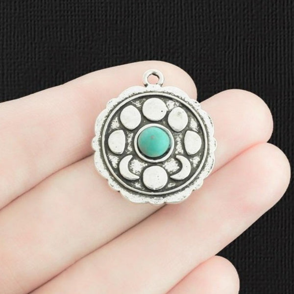 2 Crescent Moon Antique Silver Tone Charms with Imitation Turquoise - SC1591