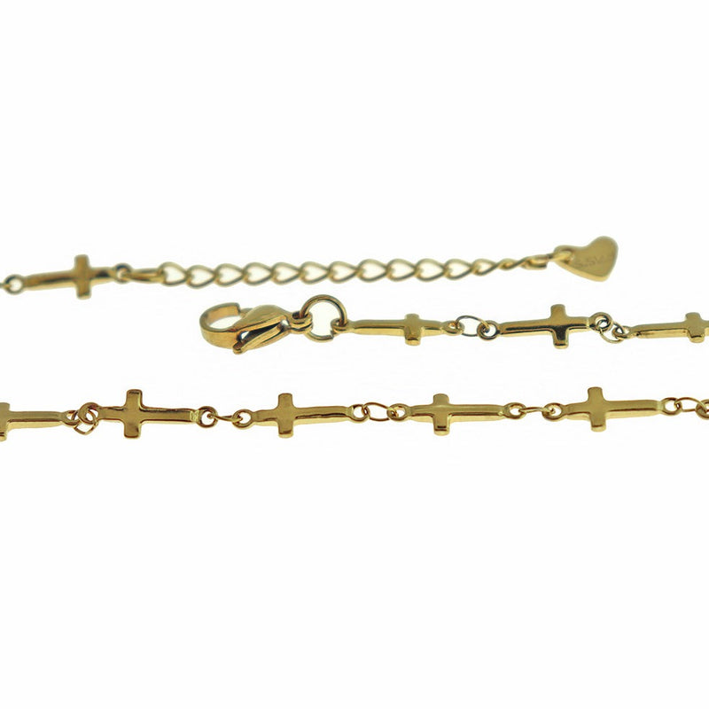 Gold Stainless Steel Cross Chain Bracelets 11" Plus Extender - 3mm - 5 Bracelets - N806