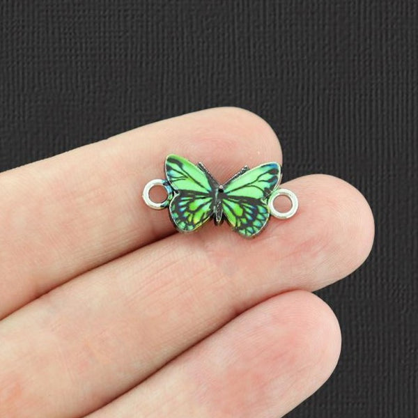 5 Green Butterfly Connector Silver Tone Enamel Charms - E995