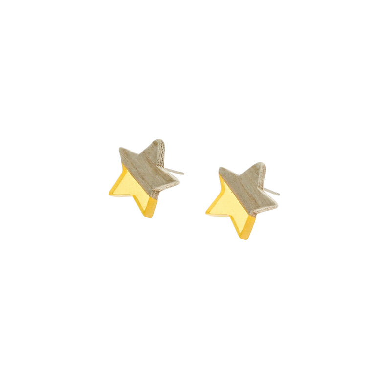 Wood Stainless Steel Earrings - Pale Yellow Resin Star Studs - 18mm x 17mm - 2 Pieces 1 Pair - ER139