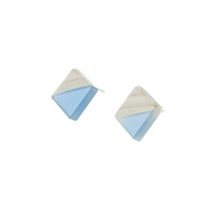 Wood Stainless Steel Earrings - Light Blue Resin Rhombus Studs - 18mm x 17mm - 2 Pieces 1 Pair - ER155