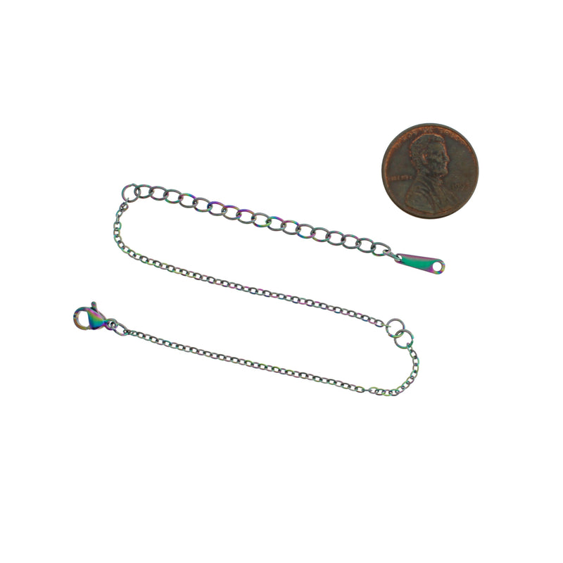 Bracelet de chaîne de connecteur de câble en acier inoxydable électroplaqué arc-en-ciel 6 "plus rallonge - 2mm - 10 bracelets - N708