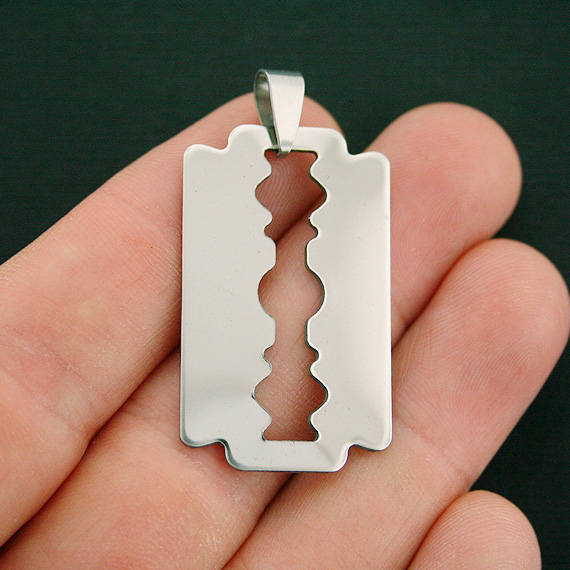 2 Razor Blade Stainless Steel Charms Stamping Tags - 38mm x 23mm - Attached Loop - MT601