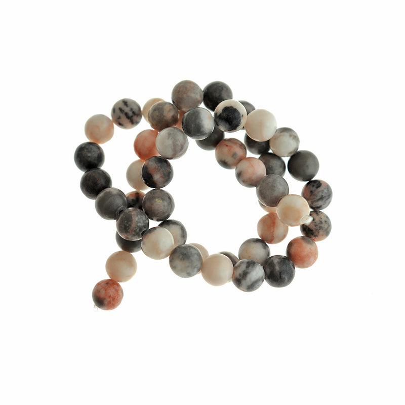 Perles rondes en jaspe zébré naturel 8mm - Marbre gris et orange - 1 rang 47 perles - BD1338