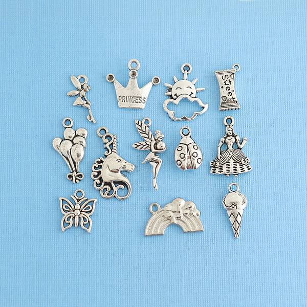 Girly Fun Charm Collection Ton argent antique 12 breloques différentes - COL309