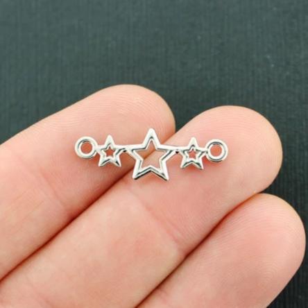 6 Star Connector Silver Tone Charms 2 Sided - SC7998