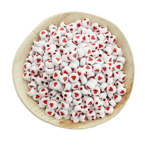 Flat Round Acrylic Beads 7mm - Red Hearts - 200 Beads - BD2666