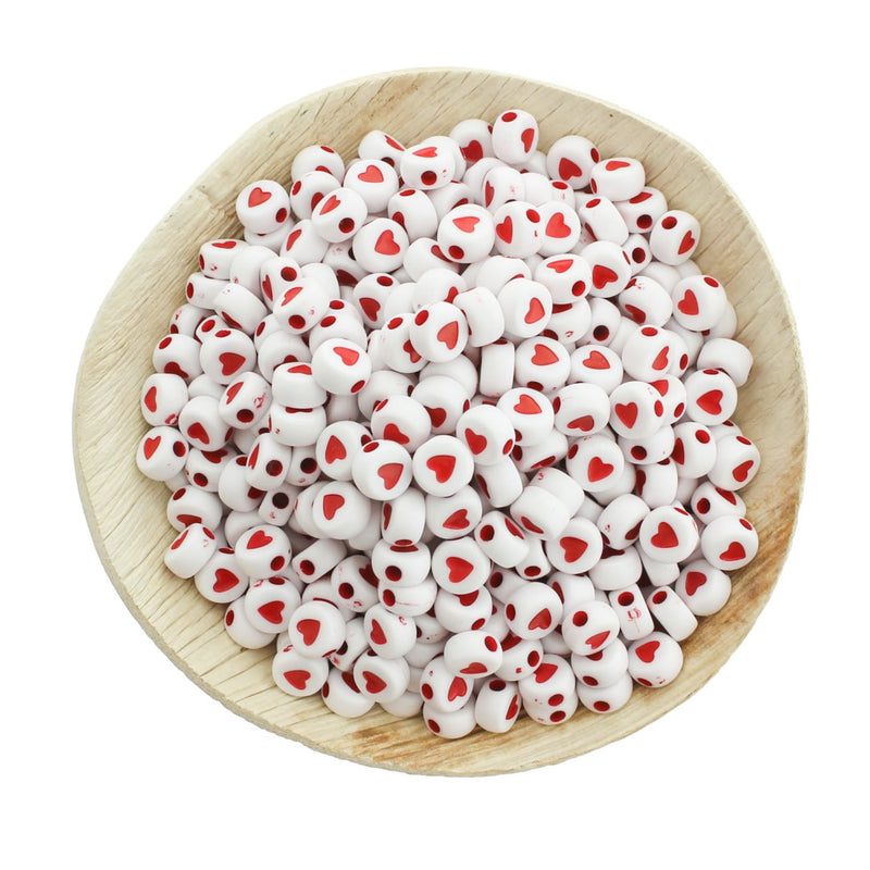 Perles Acrylique Rondes Plates 7mm - Coeurs Rouges - 200 Perles - BD2666