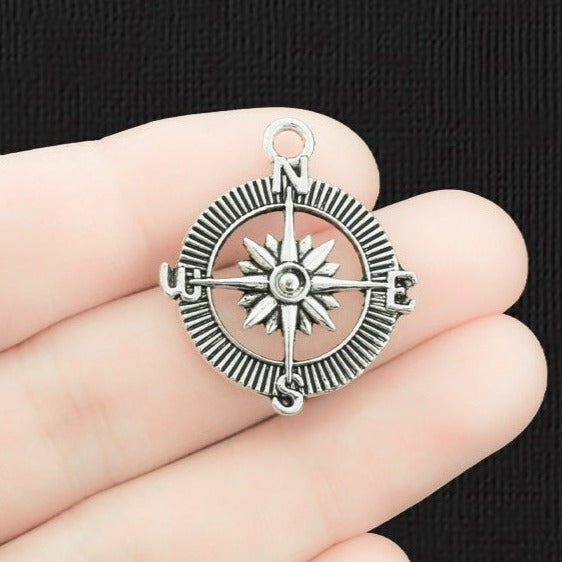 5 Compass Antique Silver Tone Charms - SC103