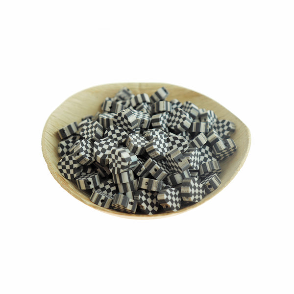 Perles en Pâte Polymère Coeur 9mm x 10mm - Damier Noir et Blanc - 30 Perles - BD098