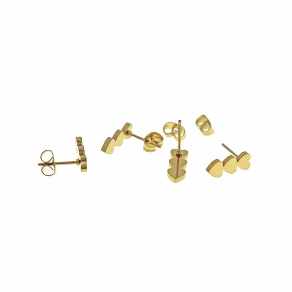 Boucles d'oreilles en acier inoxydable doré - Clous triple cœur - 12 mm - 2 pièces 1 paire - ER885