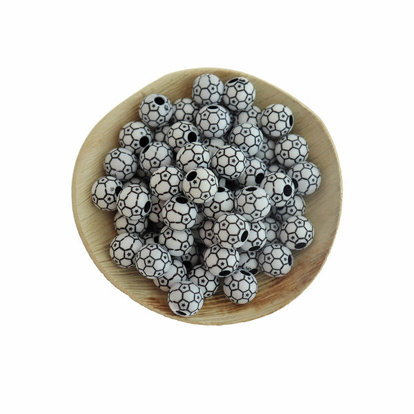 Perles Acryliques Rondes 10mm - Ballon de Foot - 20 Perles - BD1370