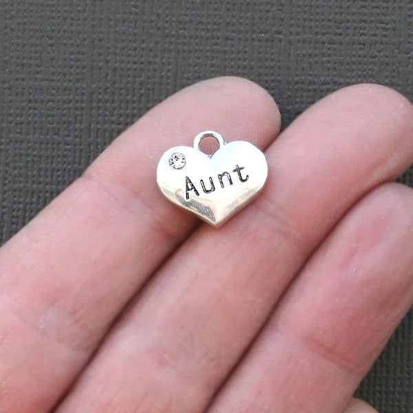 BULK 20 Aunt Heart Antique Silver Tone Charms 2 Sided With Inset Rhinestones - SC2014