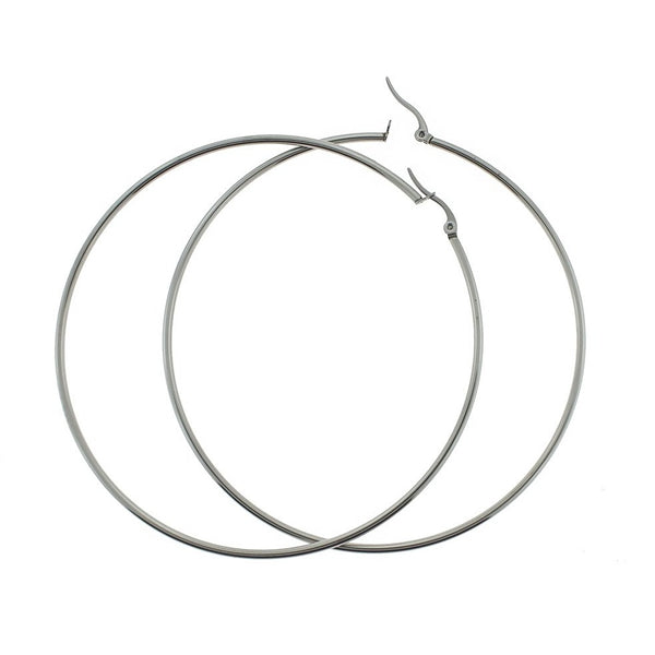 2 Hoop Earrings - Lever Back Round Earring Wires Silver Tone Stainless Steel - 1 Pair - Z447