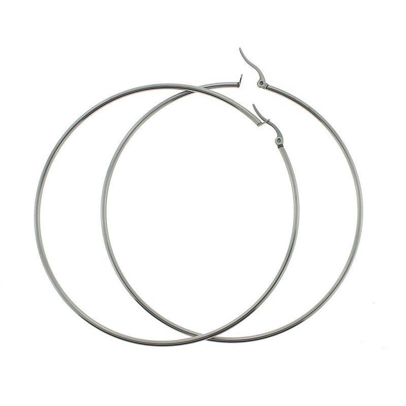 2 Hoop Earrings - Lever Back Round Earring Wires Silver Tone Stainless Steel - 1 Pair - Z447