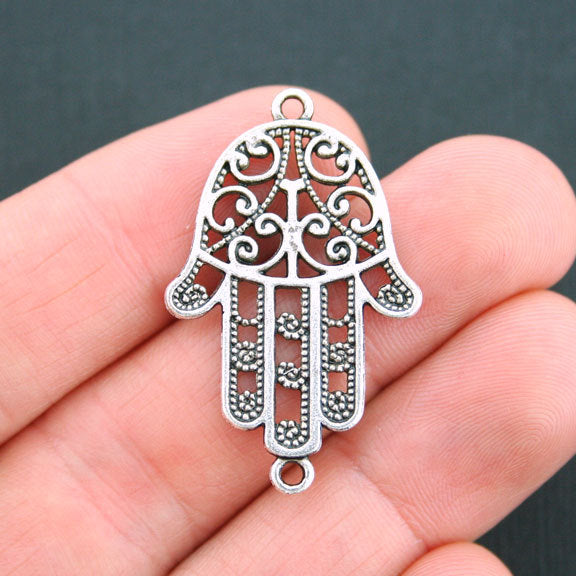 4 Hamsa Hand Connector Antique Silver Tone Charms 2 Sided - SC5112