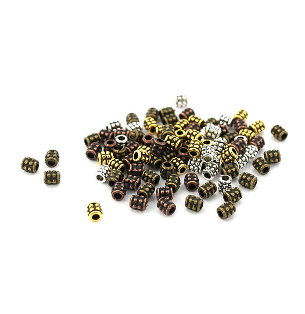 Tube Spacer Beads 4mm - Assorted Antique Silver, Bronze, Copper and Gold Tones - 100 Beads - SC7996