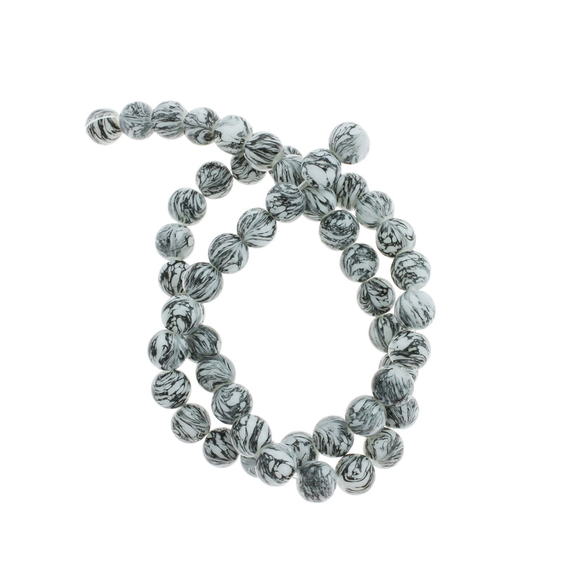 Perles de Verre Rondes 8mm - Tourbillon Noir et Blanc - 1 Rang 48 Perles - BD1535