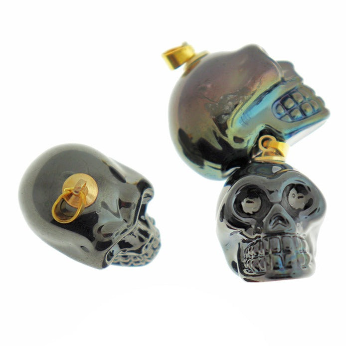 Black Electroplated Skull Glass Pendant Gold Tone Charm 3D - Z470