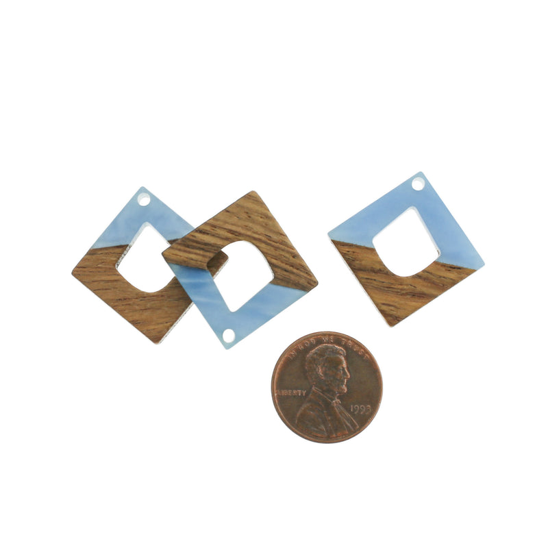 2 Rhombus Natural Wood and Blue Resin Charms 27mm - WP377