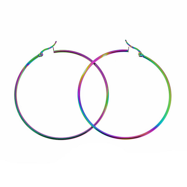 Boucles d'oreilles créoles - Acier inoxydable galvanisé arc-en-ciel - Dos à levier 70 mm - 2 pièces 1 paire - Z1402