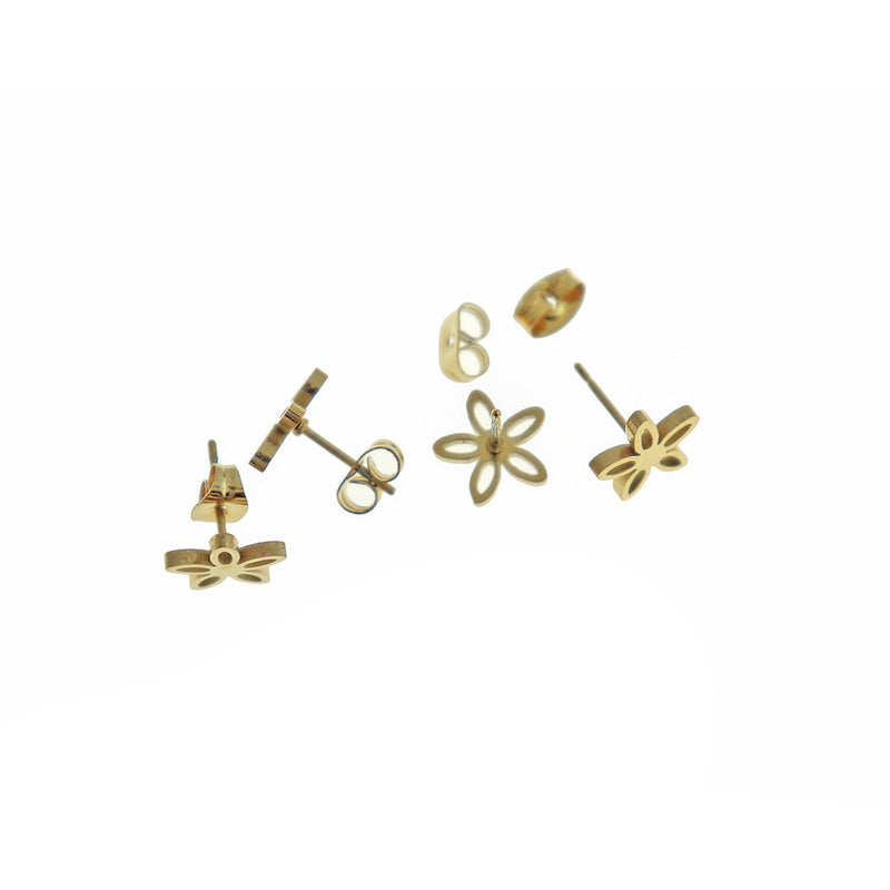 Gold Stainless Steel Earrings - Flower Studs - 10mm - 2 Pieces 1 Pair - ER438