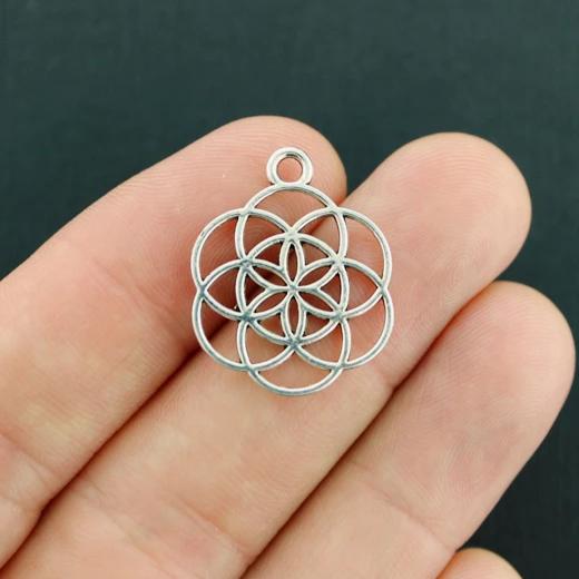 10 Flower of Life Antique Silver Tone Charms 2 Sided - SC7702