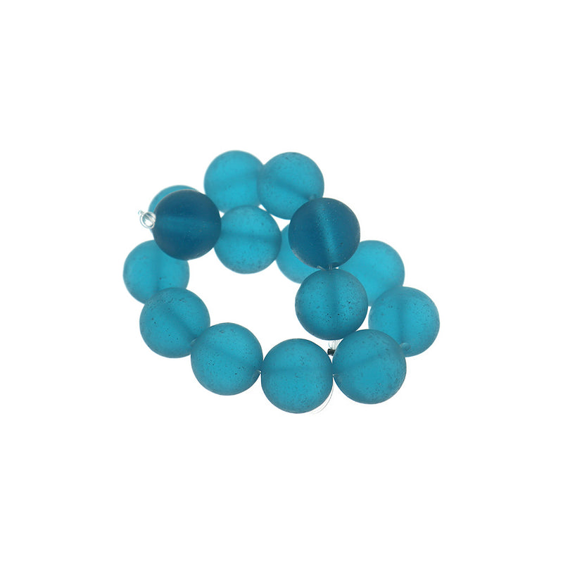 Perles rondes en verre de mer de culture 14 mm - Sarcelle givrée - 1 rang 15 perles - U215
