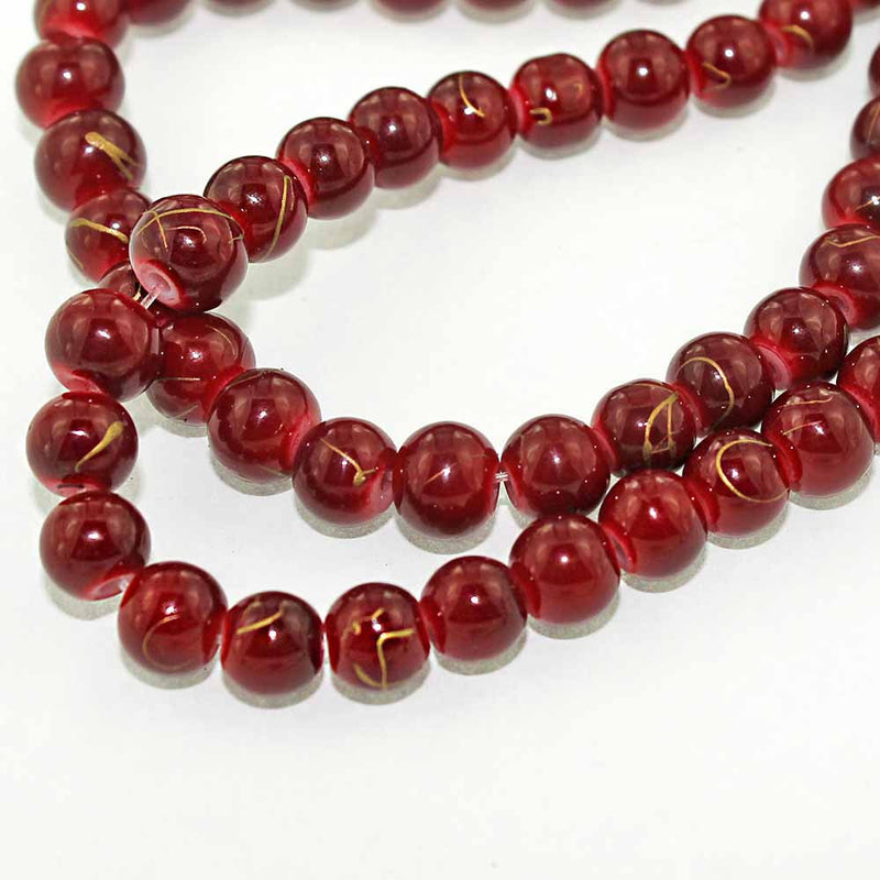 Round Glass Beads 6mm - Cranberry Red With Gold - 1 Strand 140 Beads - BD150