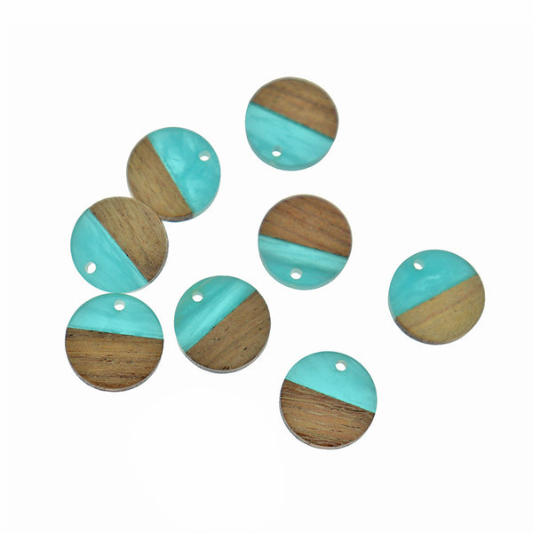4 Round Natural Wood and Turquoise Blue Resin Charms 18mm - WP128
