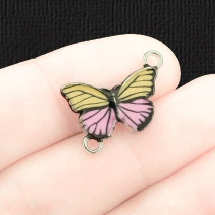 5 Butterfly Connector Silver Tone Enamel Charms - E062