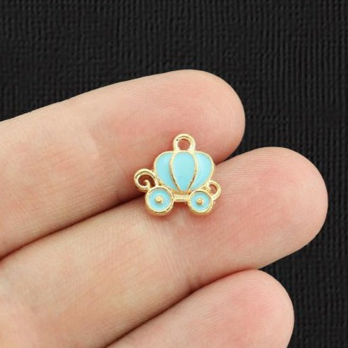 8 Blue Pumpkin Coach Gold Tone Enamel Charms - E1082