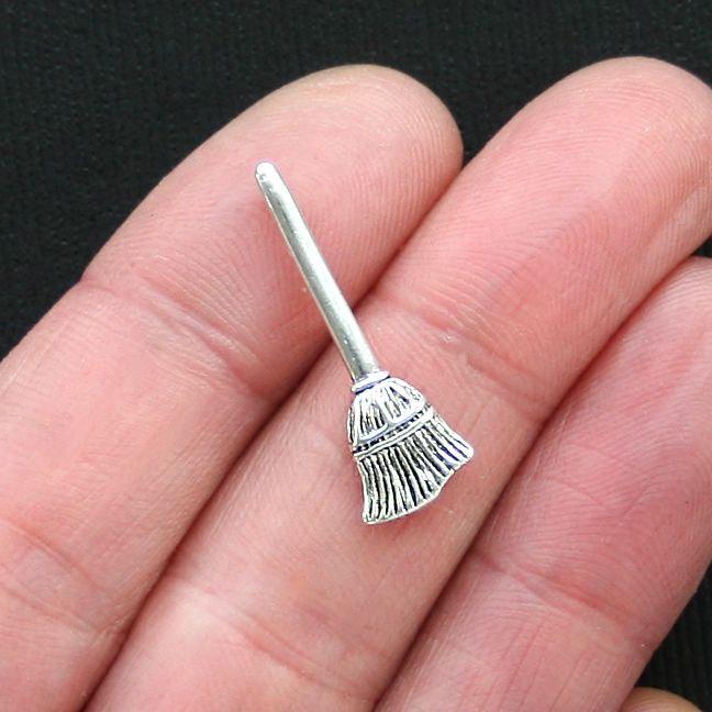 8 Broom Antique Silver Tone Charms 2 Sided - SC2918