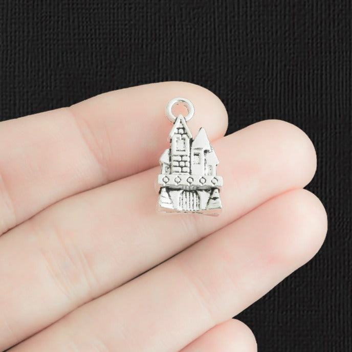 8 Castle Antique Silver Tone Charms 2 Sided - SC328
