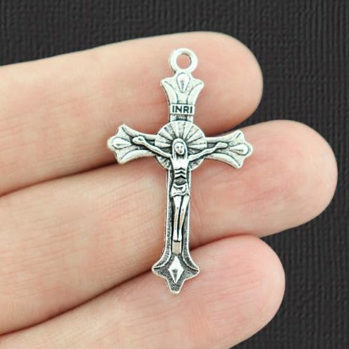 8 Crucifix Antique Silver Tone Charms - SC4387