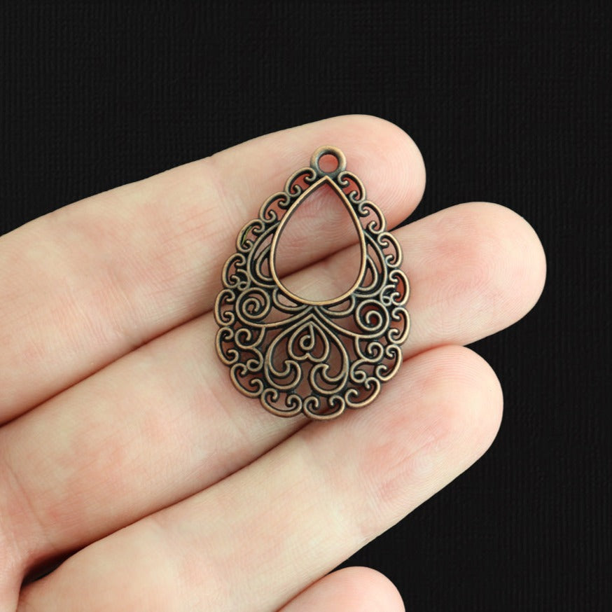 8 Filigree Drop Antique Copper Tone Charms - BC021