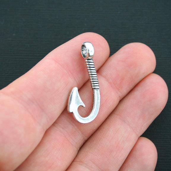 8 Fish Hook Antique Silver Tone Charms 3D - SC4247
