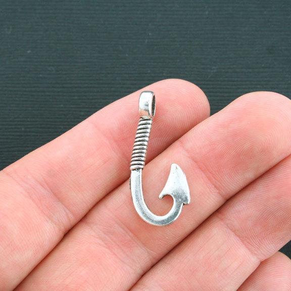 8 Fish Hook Antique Silver Tone Charms 3D - SC4247