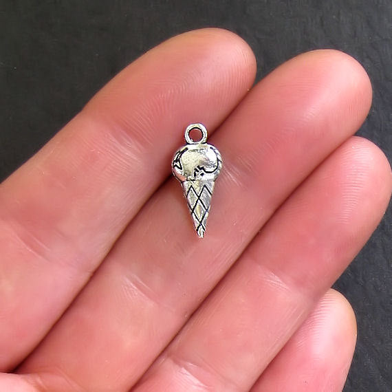8 Ice Cream Cone Antique Silver Tone Charms 2 Sided - SC260