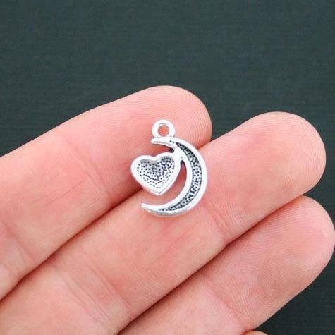 8 Moon Heart Antique Silver Tone Charms - SC4742