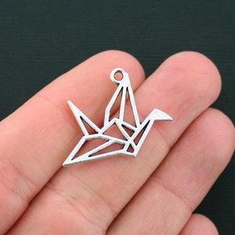 8 Origami Crane Antique Silver Tone Charms 2 Sided - SC4595