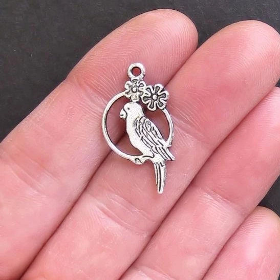 8 Parrot Antique Silver Tone Charms - SC372