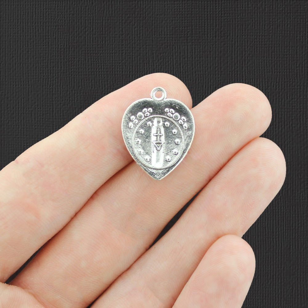 8 Religious Virgin Mary Heart Antique Silver Tone Charms - SC6958