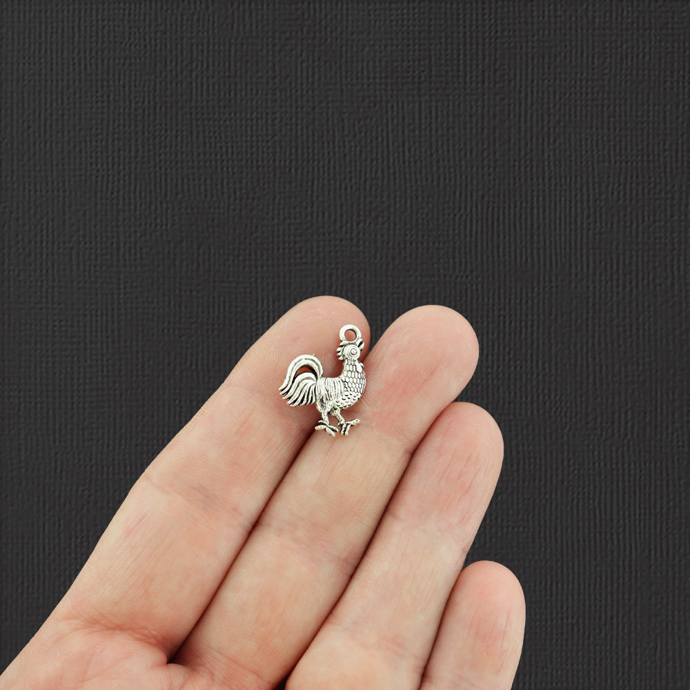 8 Rooster Antique Silver Tone Charms 2 Sided - SC8061